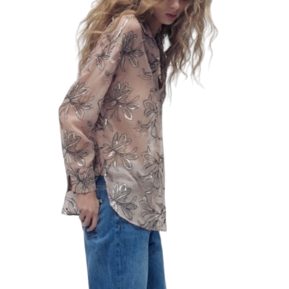Zara NWT Sheer and sequins pink Blouse Floral design. Size XS - Picture 3 of 10